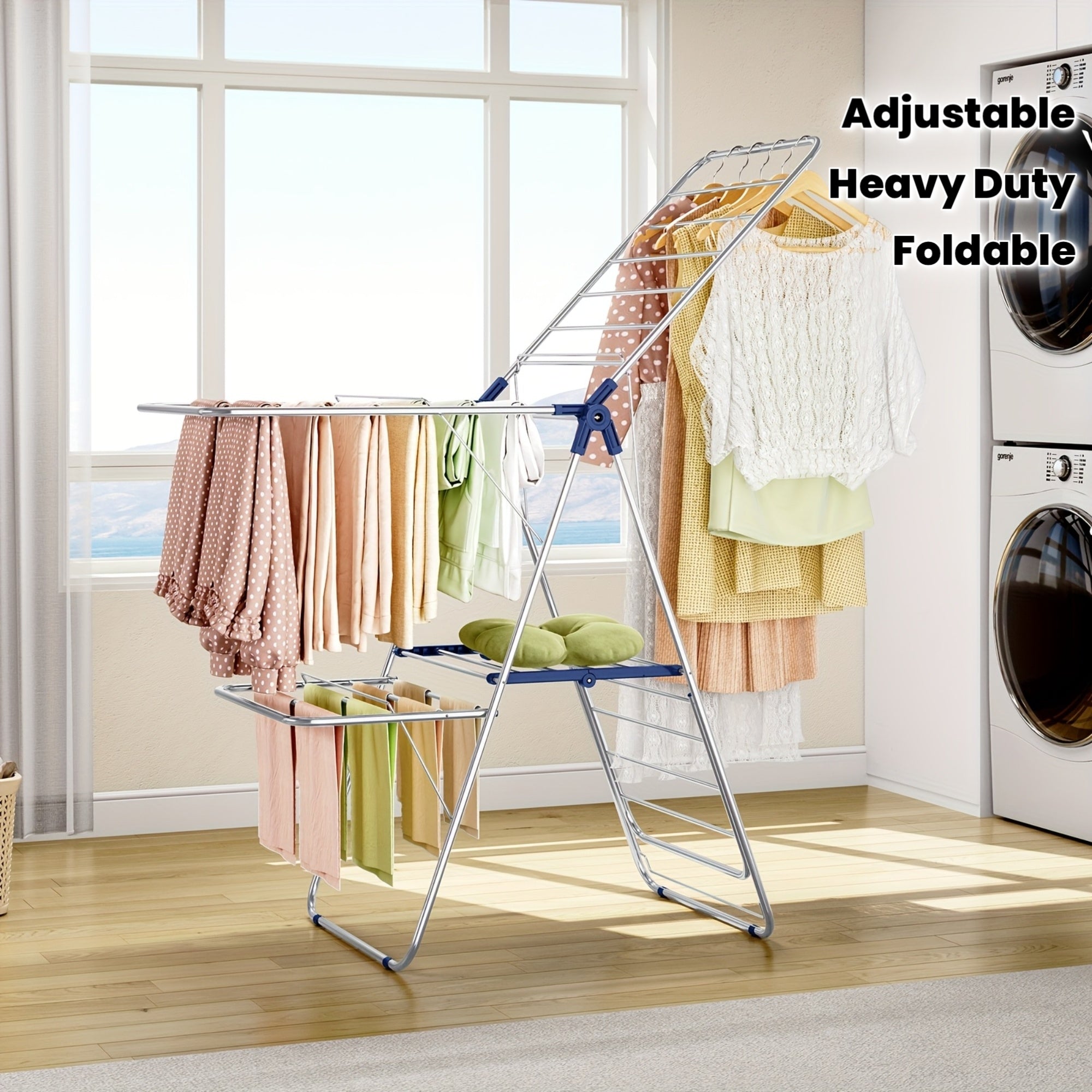 TOOLF Heavy-Duty Foldable Clothes Drying Rack with Adjustable Height