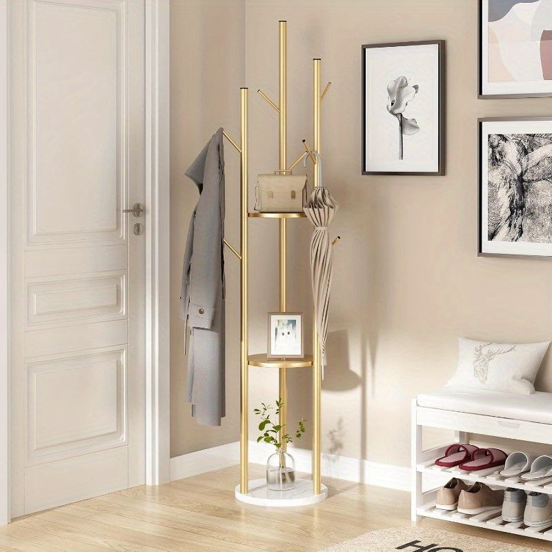 Modern Golden Metal Coat Rack with Marble Base & White Top