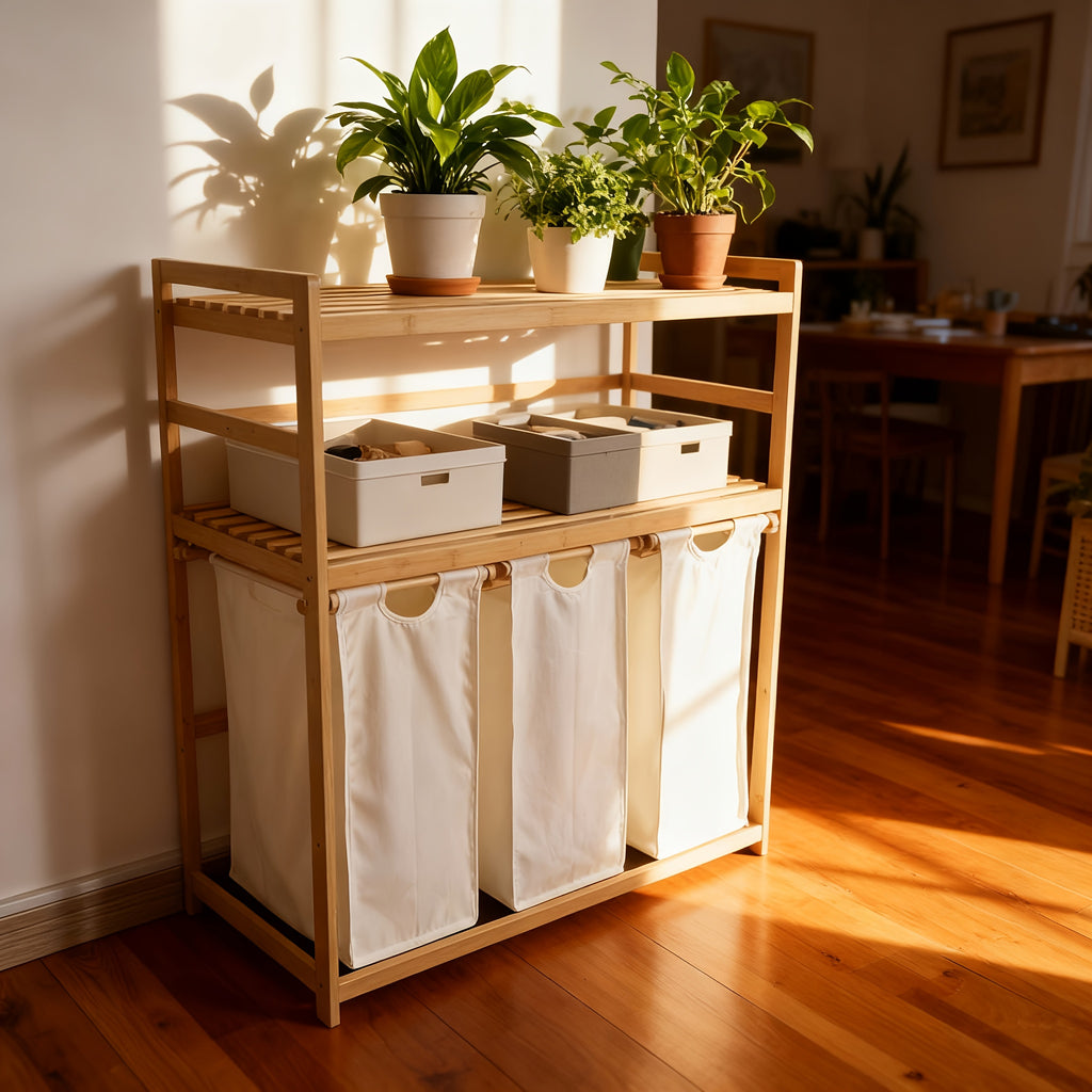 Laundry Baskets, 2 Shelves, Extendable Laundry Bags, Bamboo Laundry Boxes