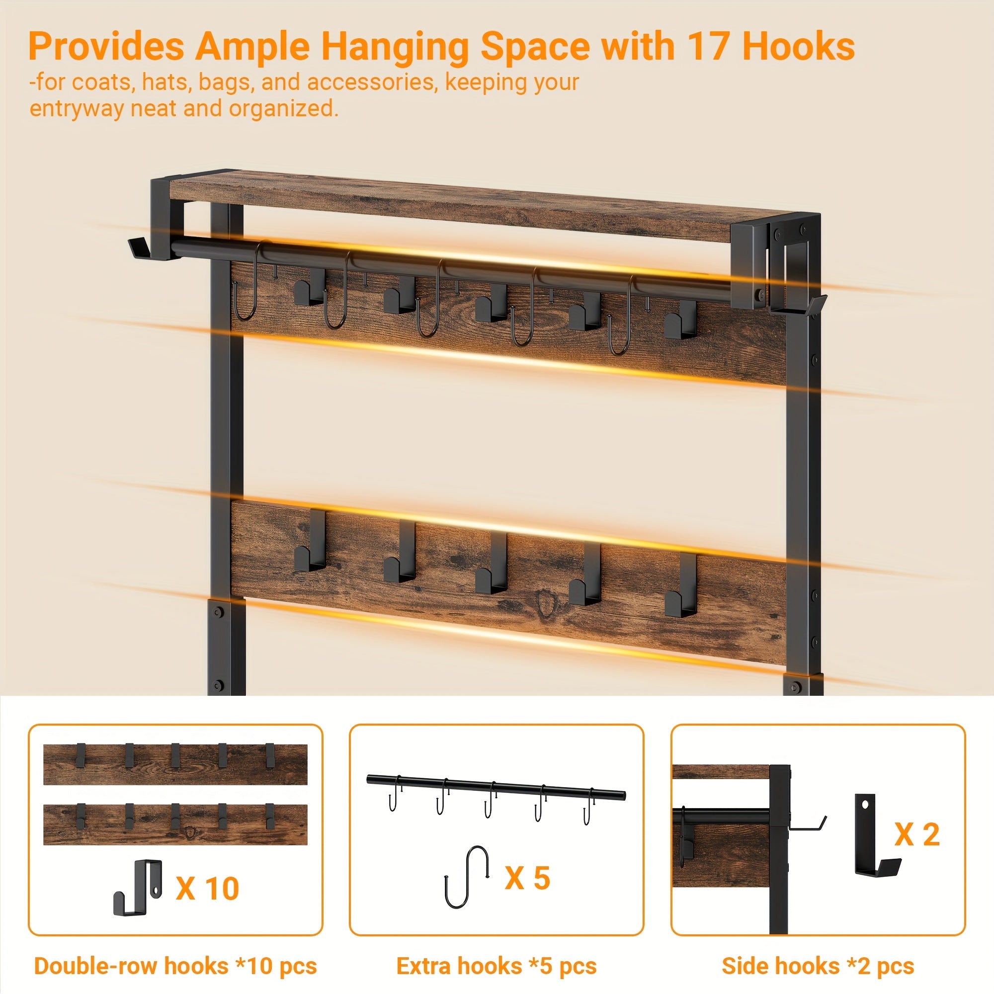 6-In-1 Coat Rack with Entry Bench, Hall Tree with 17 Hooks, 2 Fabric Drawers, Shoe Rack