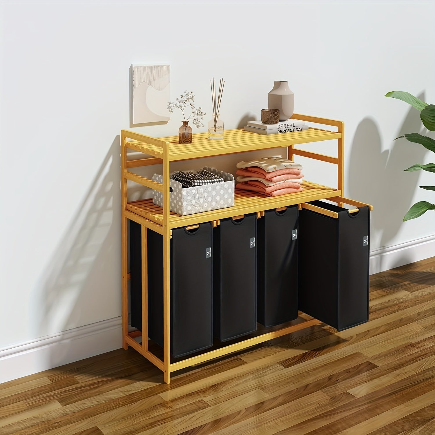 Laundry Baskets, 2 Shelves, Extendable Laundry Bags, Bamboo Laundry Boxes
