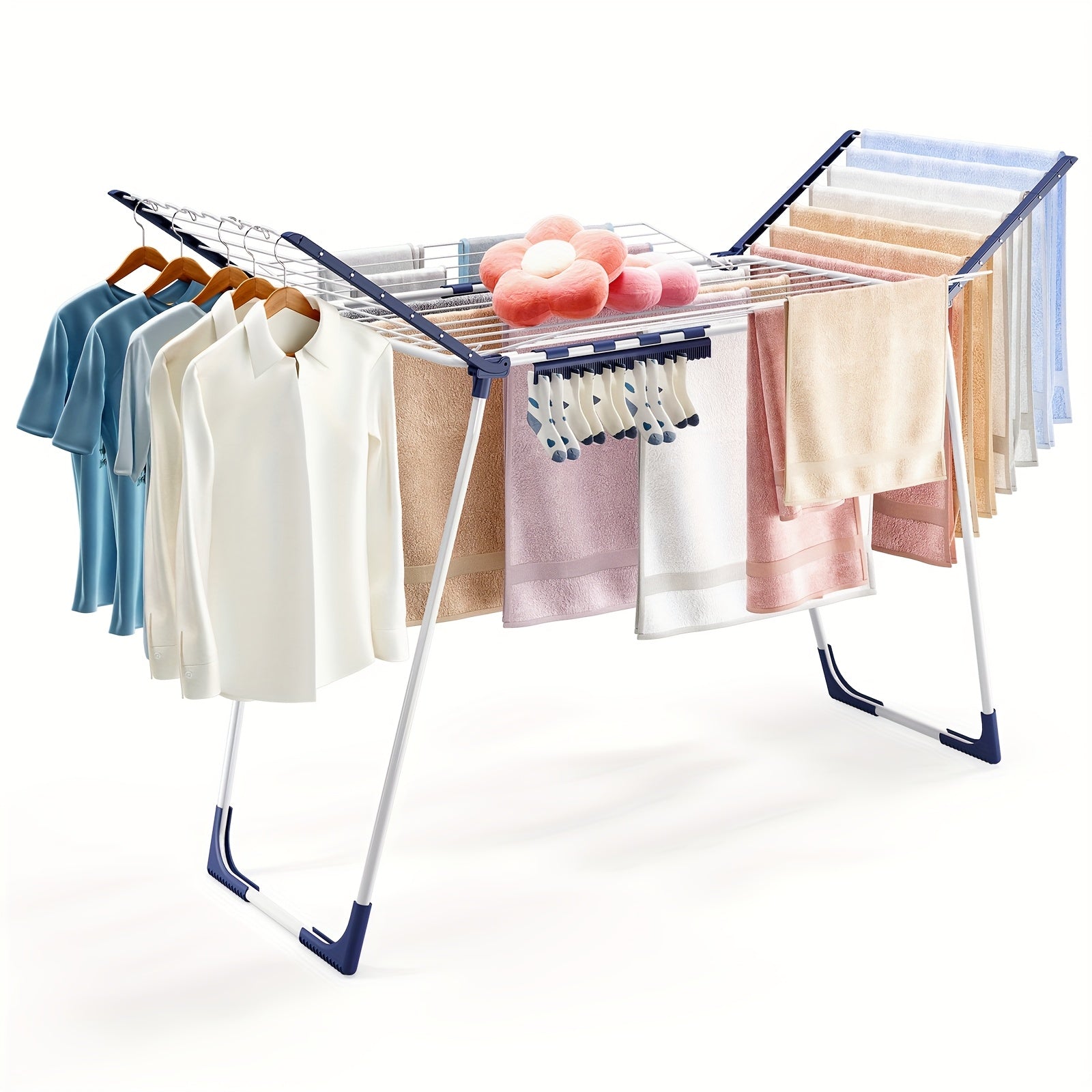 TOOLF Foldable Clothes Drying Rack, Winged Laundry Rack With Adjustable Arms And Sock Clips