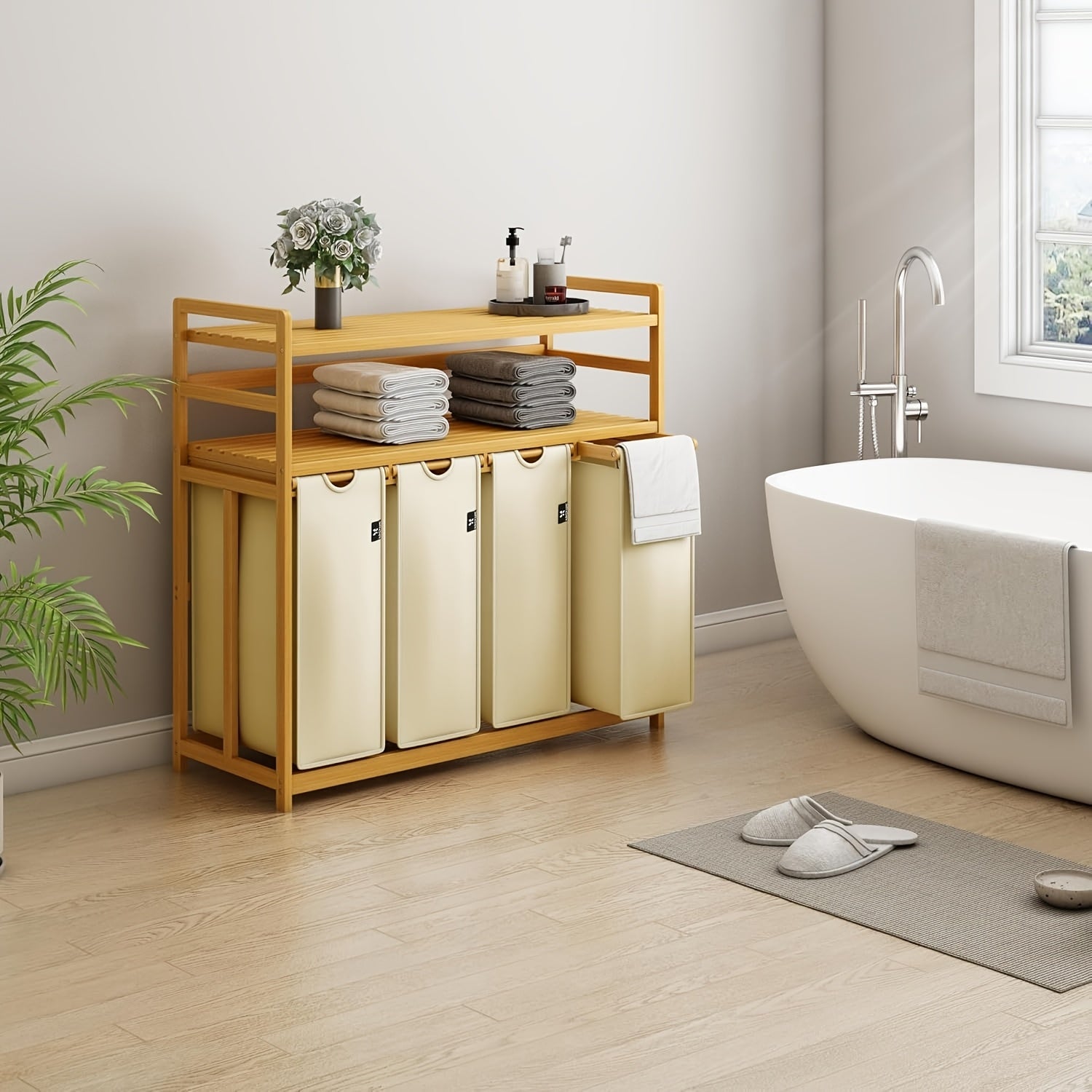 Laundry Baskets, 2 Shelves, Extendable Laundry Bags, Bamboo Laundry Boxes