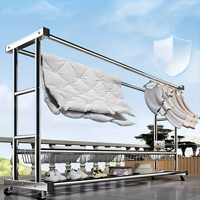 Heavy Duty Stainless Steel Laundry Drying Rack with Casters - Space-Saving Rolling Clothesline Rod