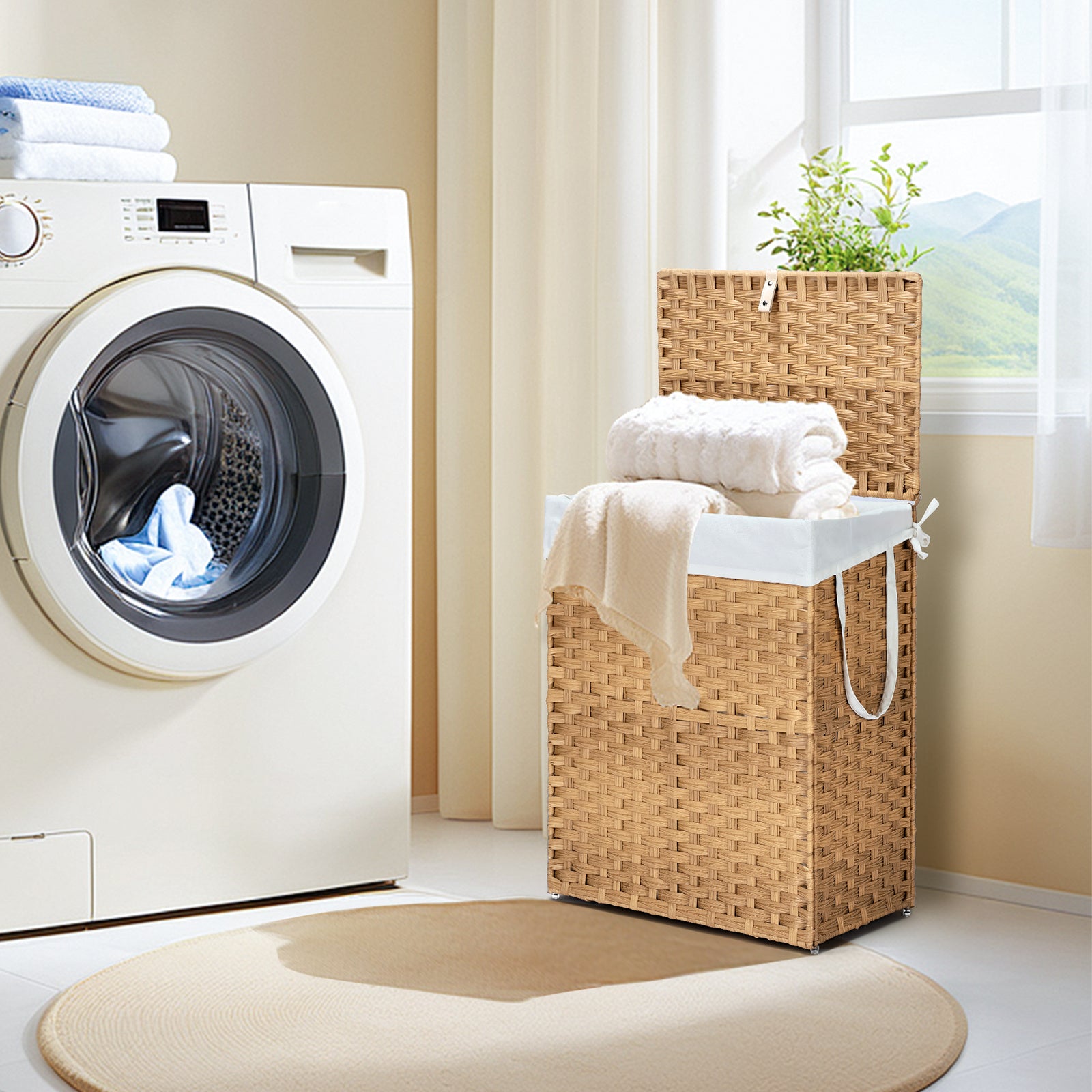 MCQ Sturdy & Stylish Laundry Hamper – Large Capacity Collapsible Rattan Storage Box with Lid Handles