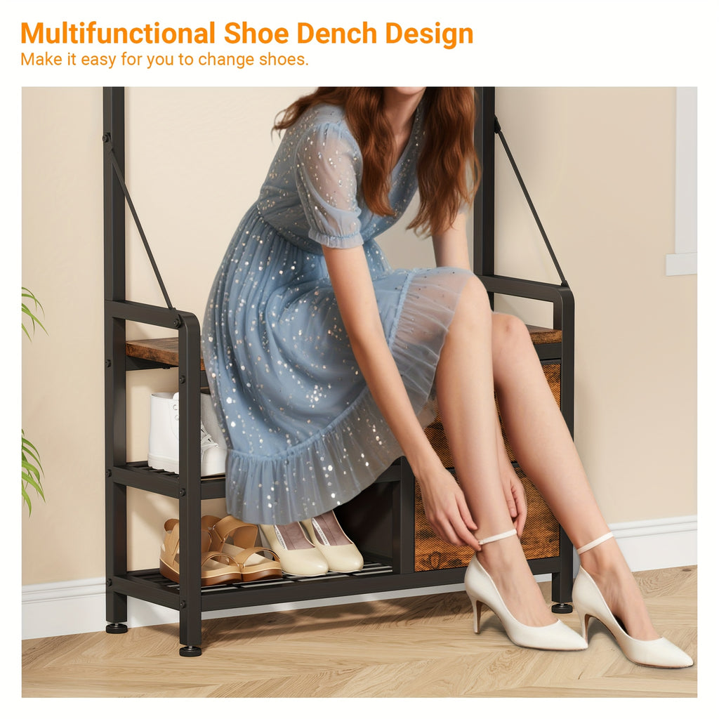 6-In-1 Coat Rack with Entry Bench, Hall Tree with 17 Hooks, 2 Fabric Drawers, Shoe Rack