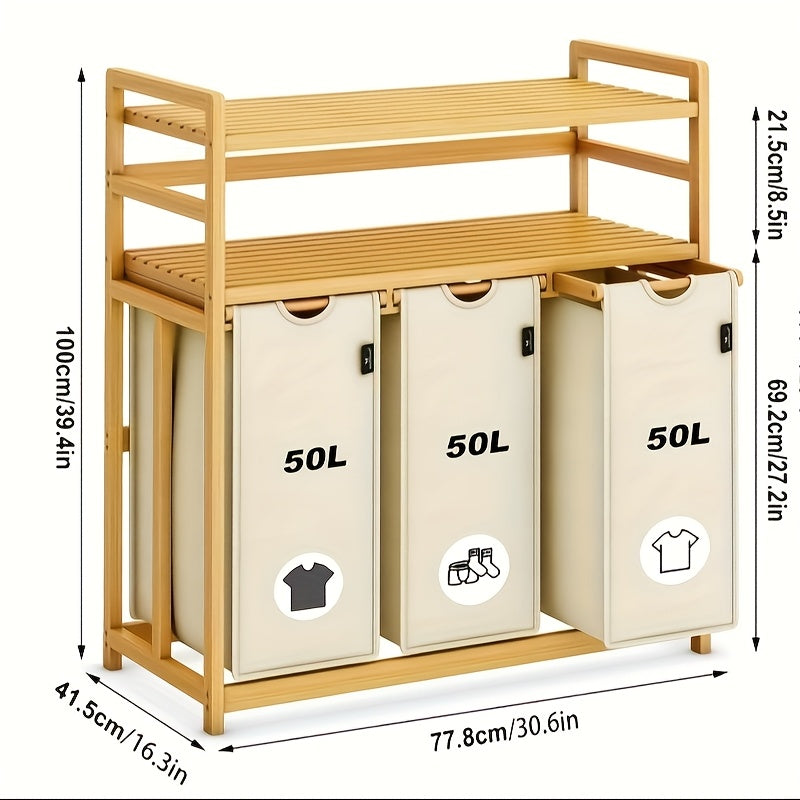 Laundry Baskets, 2 Shelves, Extendable Laundry Bags, Bamboo Laundry Boxes