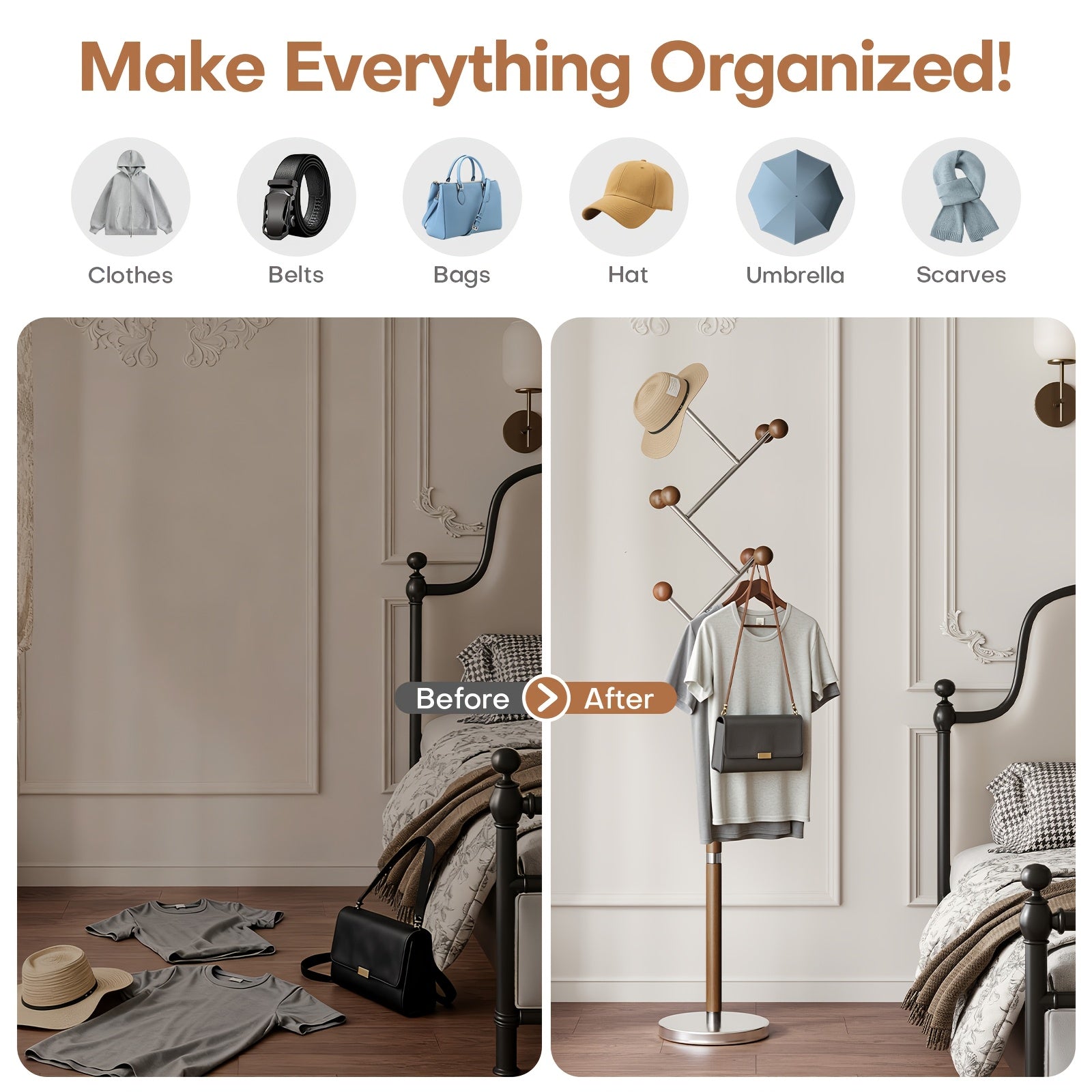 8 Rubber Wood Hooks Freestanding Metal Coat Rack