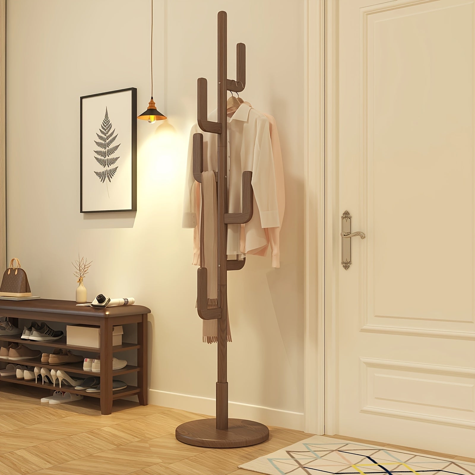 Solid Wood Cactus Coat Rack Stand | Freestanding Coat Rack with 1.59 gal-shaped Hooks