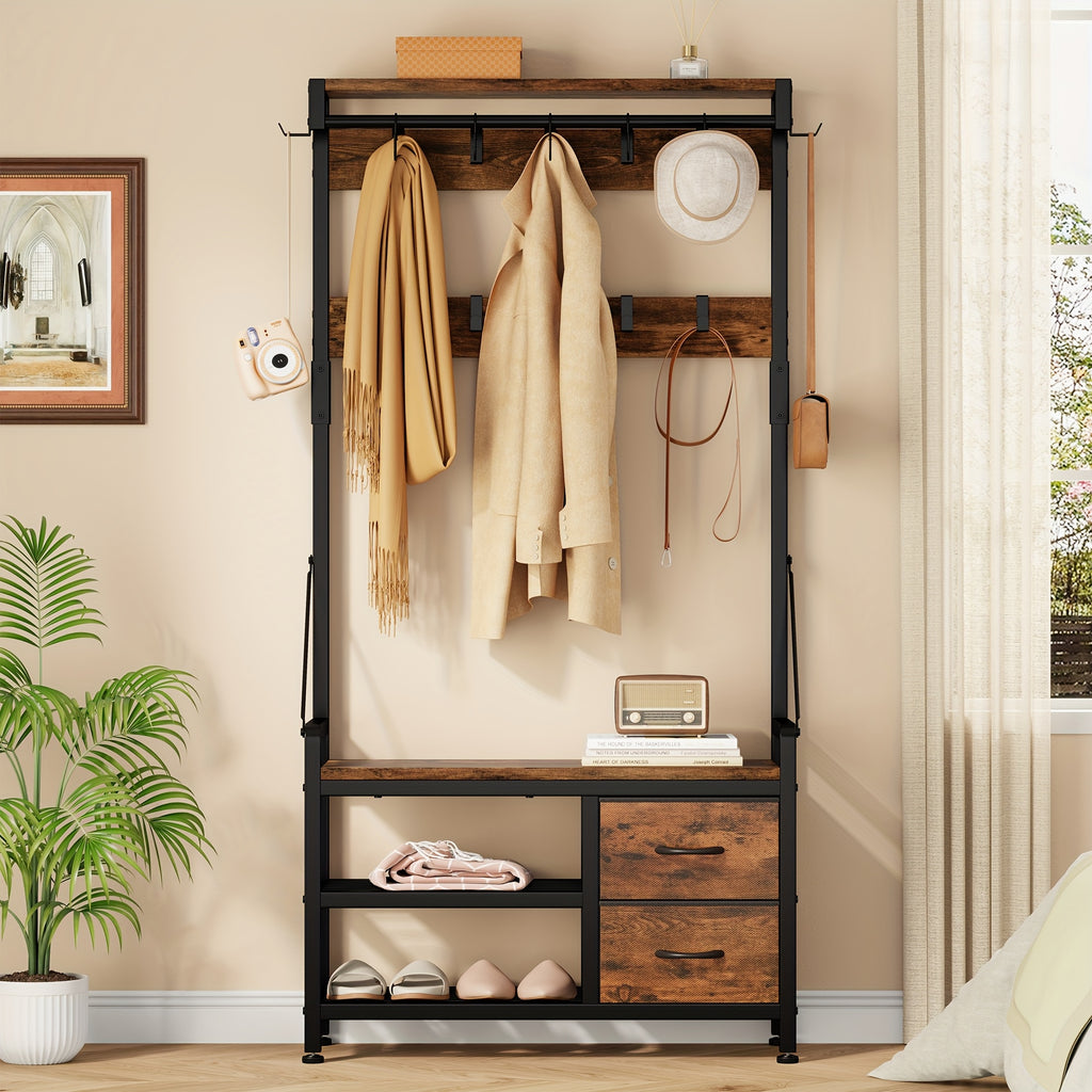 6-In-1 Coat Rack with Entry Bench, Hall Tree with 17 Hooks, 2 Fabric Drawers, Shoe Rack