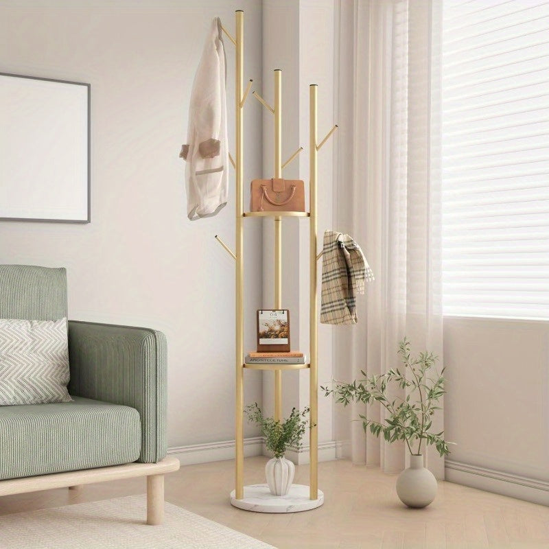 Modern Golden Metal Coat Rack with Marble Base & White Top