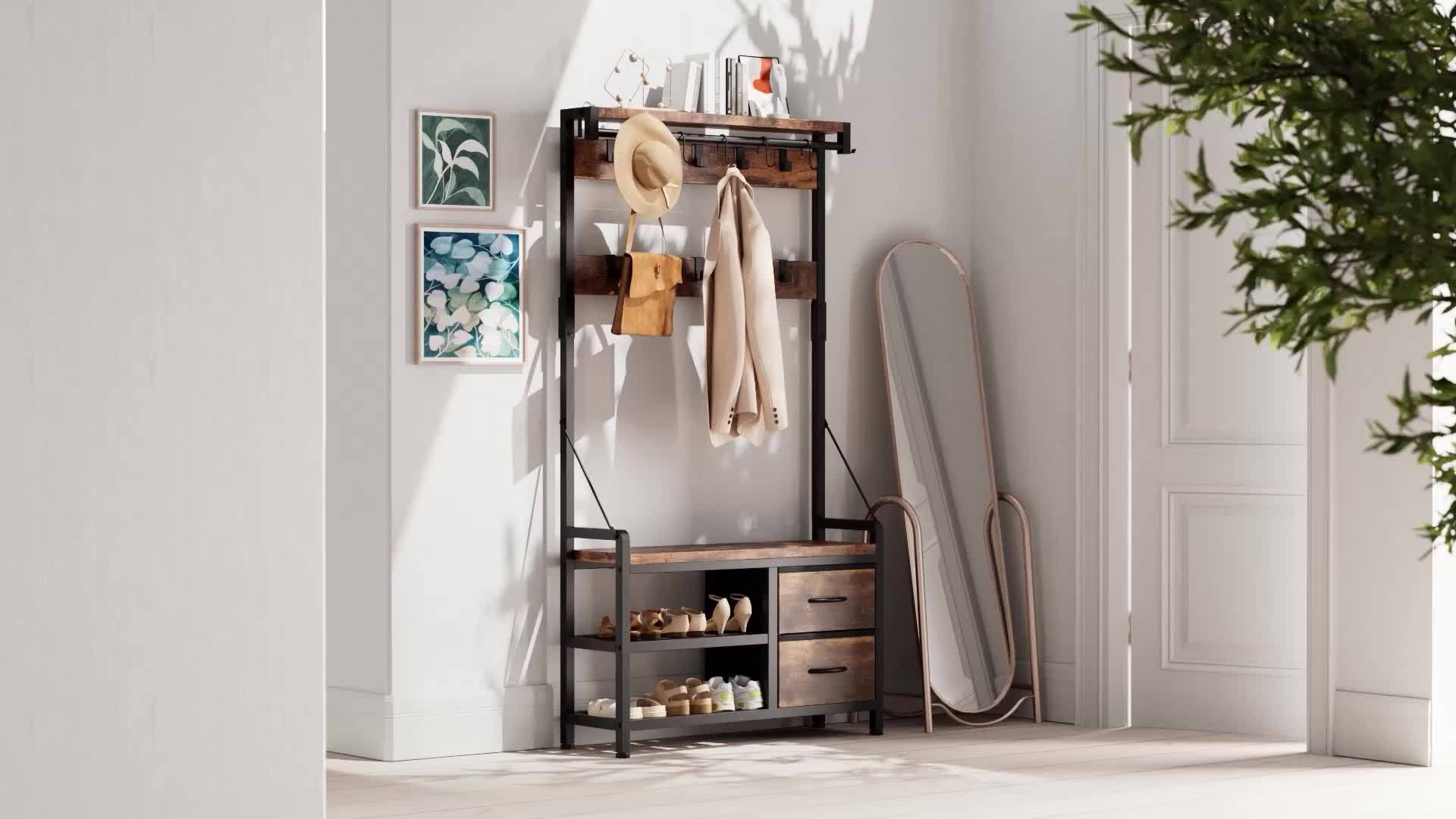 6-In-1 Coat Rack with Entry Bench, Hall Tree with 17 Hooks, 2 Fabric Drawers, Shoe Rack