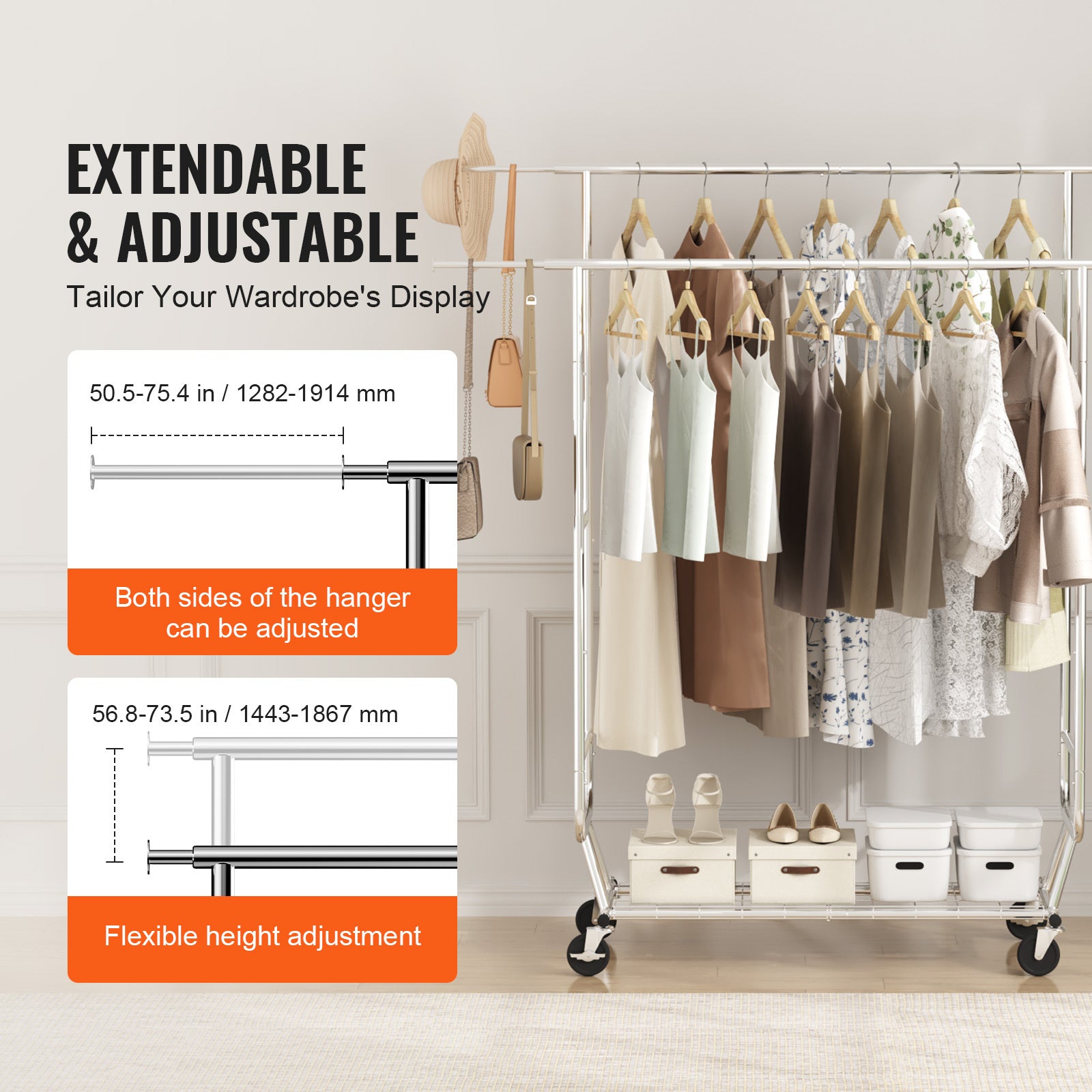 VEVOR Heavy Duty Clothes Rack, Double Hanging Rod Clothing Garment Rack for Hanging Clothes