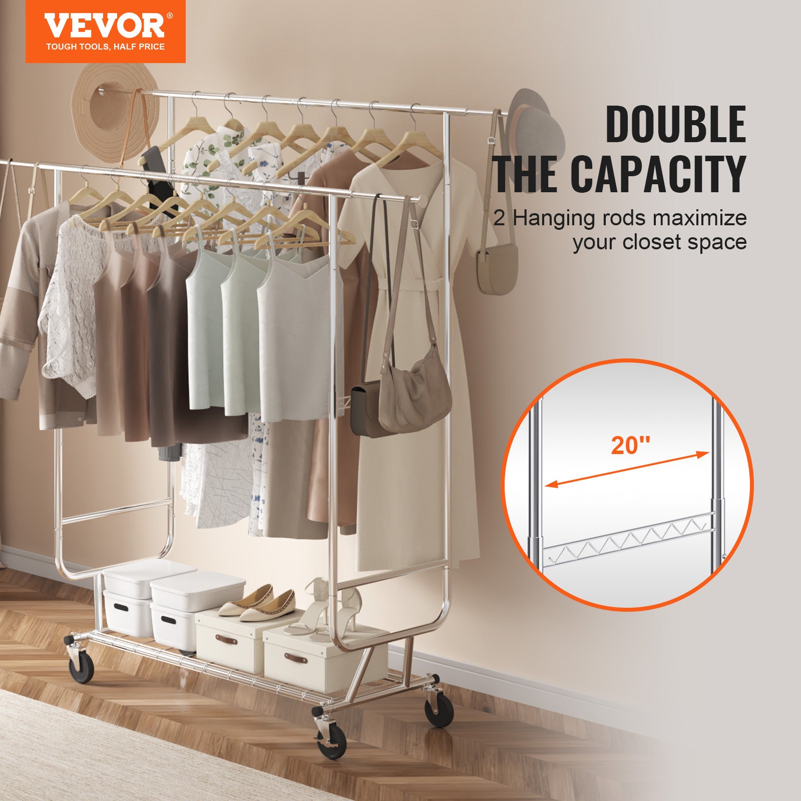 VEVOR Heavy Duty Clothes Rack, Double Hanging Rod Clothing Garment Rack for Hanging Clothes