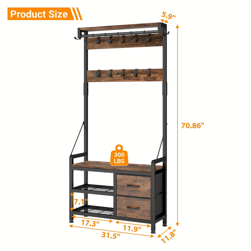 6-In-1 Coat Rack with Entry Bench, Hall Tree with 17 Hooks, 2 Fabric Drawers, Shoe Rack