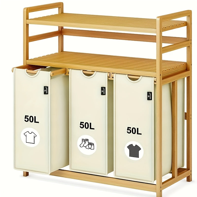 Laundry Baskets, 2 Shelves, Extendable Laundry Bags, Bamboo Laundry Boxes